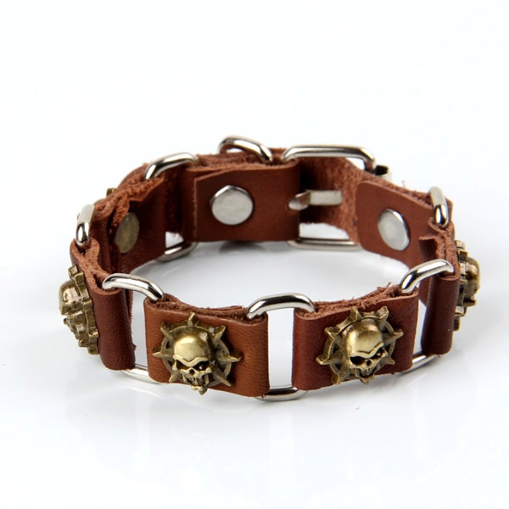 New Brown Leather Bronze Skull Adjustable Bracelet